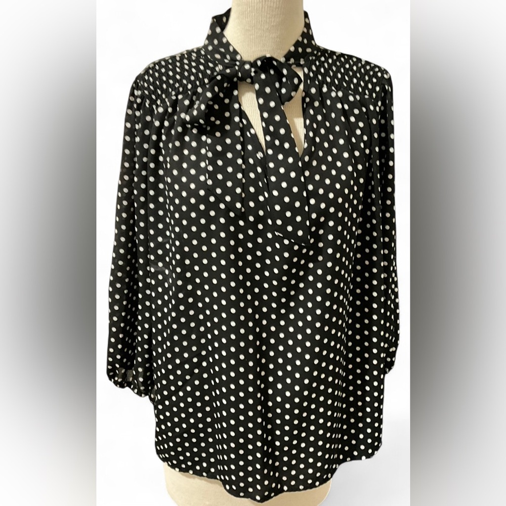 A Love Story Black & White Polka Dot Women's Long Sleeve Neck Tie Blouse Size XL